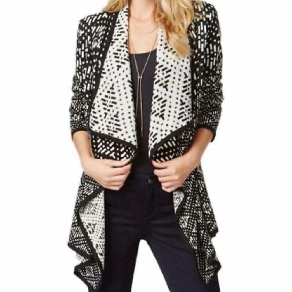 Bar lll Black and White Geometric Open-Front Draped Cardigan